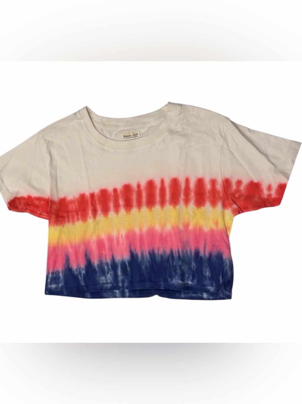 bloom + Pop woman Tie-Dye Crop Tee in White, Red, Yellow, Pink & Blue